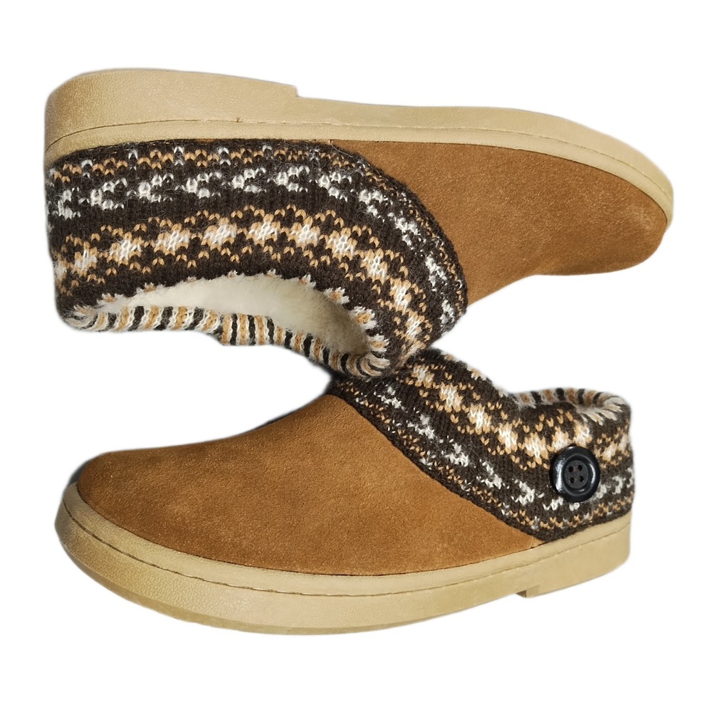 Clarks Supplier Slippers Womens Size 10M Brown Fair Isle Leather Comfort Slip On